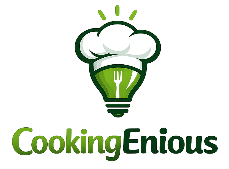 CookingEnious logo with a chef hat light bulb representing smart cooking ideas.
