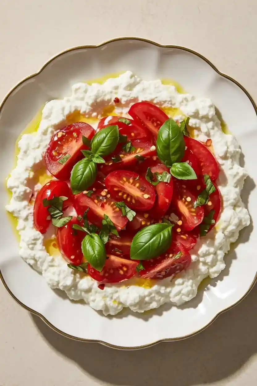 Cottage Cheese with Sliced Tomato and Basil