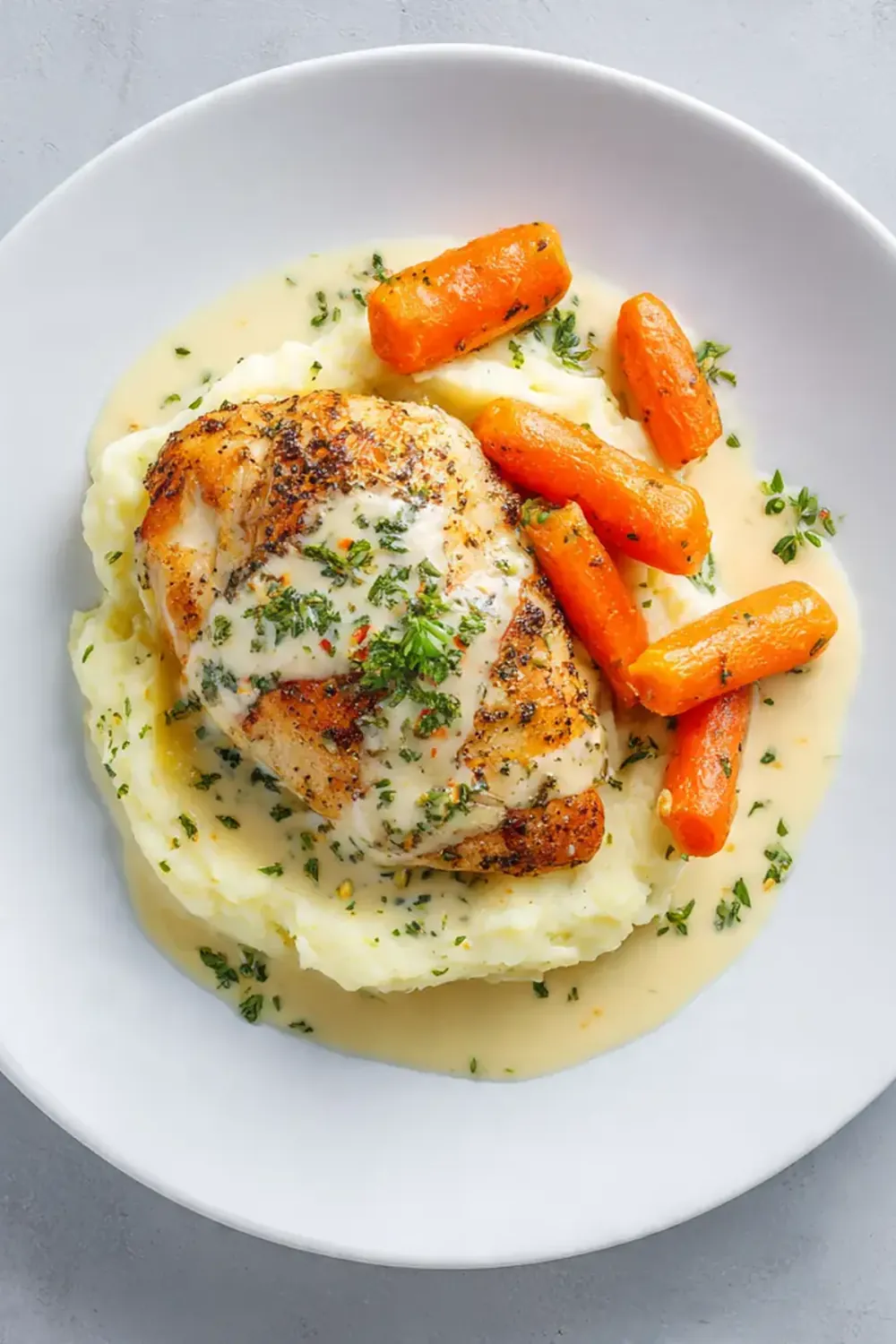 Creamy Herb Chicken with Mashed Potatoes & Glazed Carrots