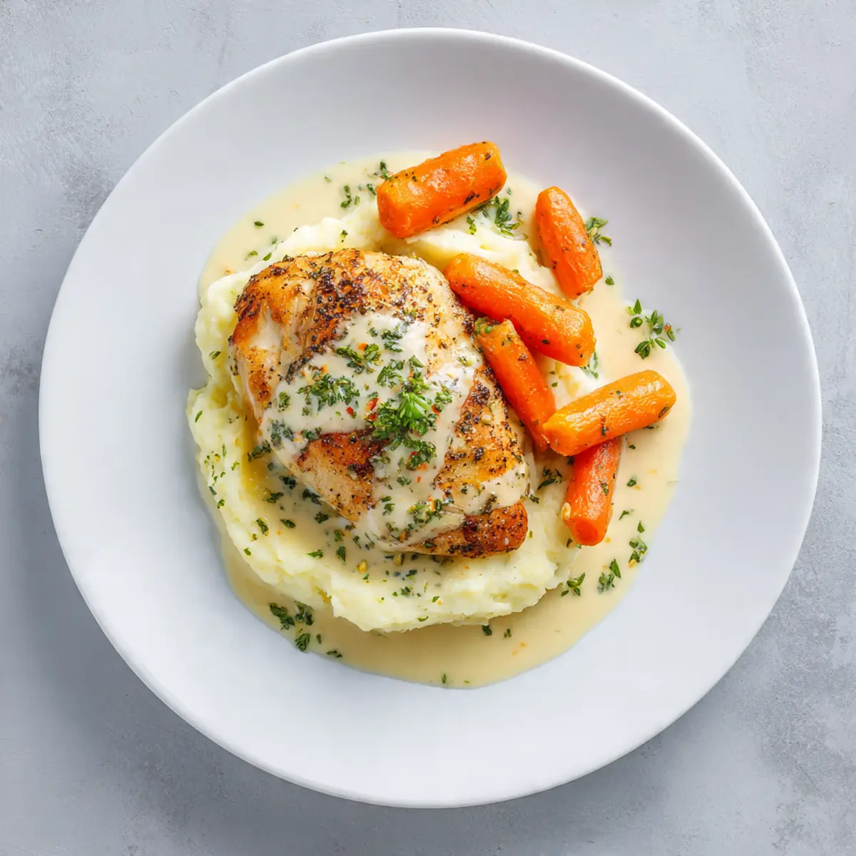 Creamy Herb Chicken With Mashed Potatoes & Glazed Carrots