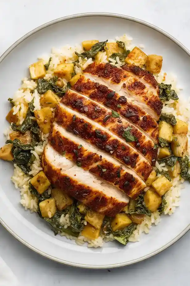 Garlicky Spinach and Artichoke Cajun Chicken and Rice