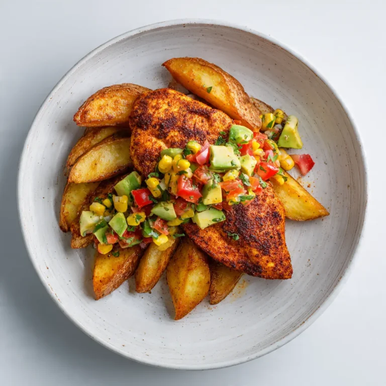 Healthy Paprika Chicken With Crispy Potato Wedges & Avocado Corn Salsa