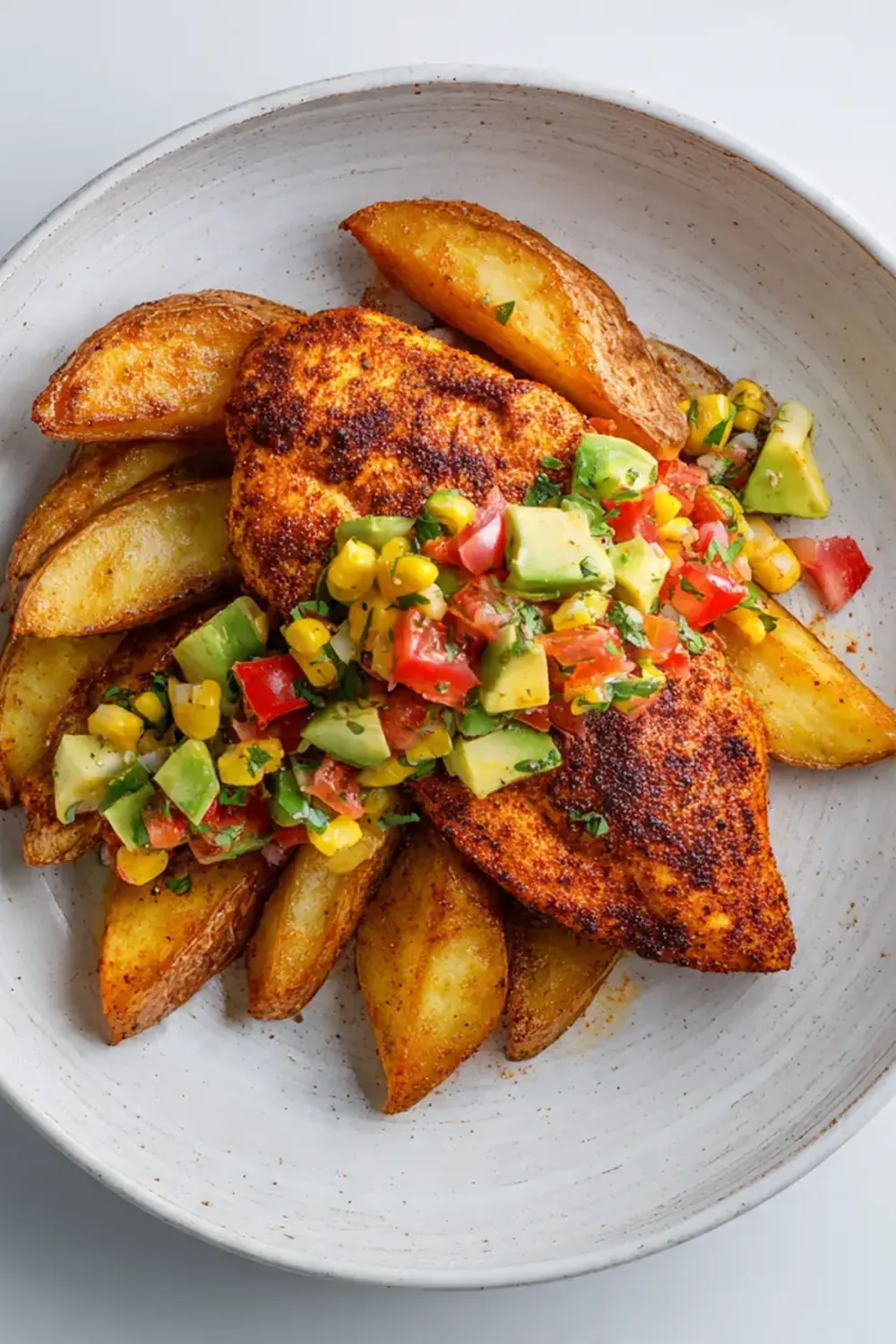 Healthy Paprika Chicken with Crispy Potato Wedges & Avocado Corn Salsa