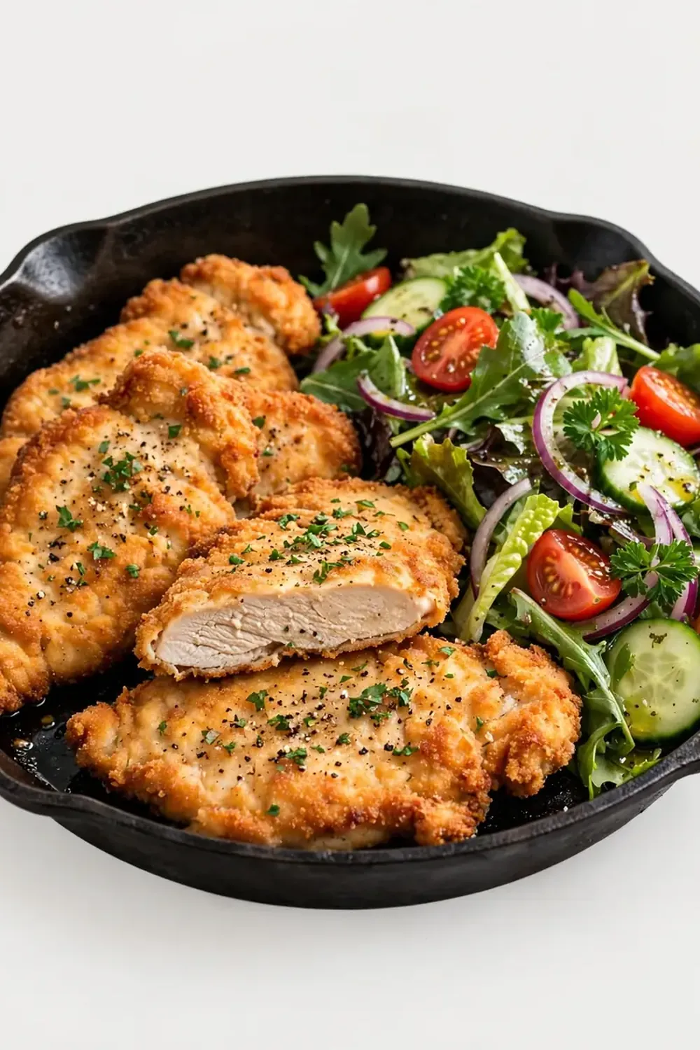 chicken cutlets and salad in a frying pan
