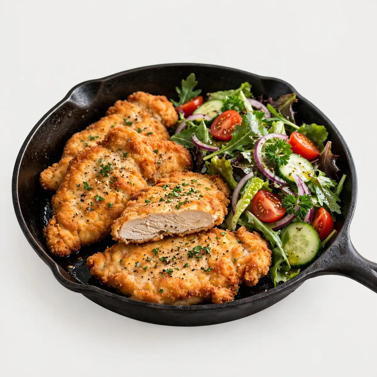 Chicken Cutlets And Salad In A Frying Pan