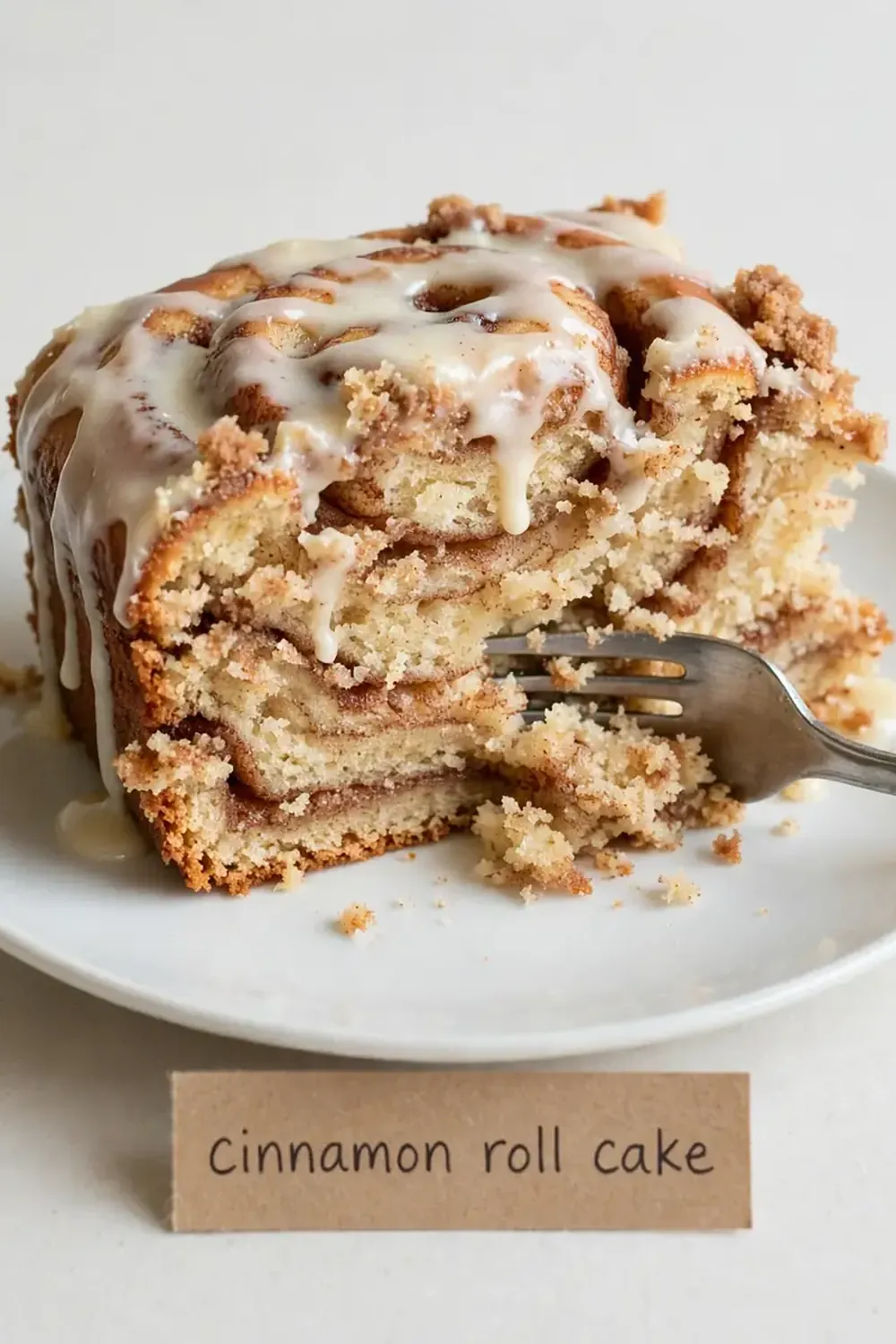 cinnamon roll cake on a plate with a fork in it and the title reads, cinnamon roll cake