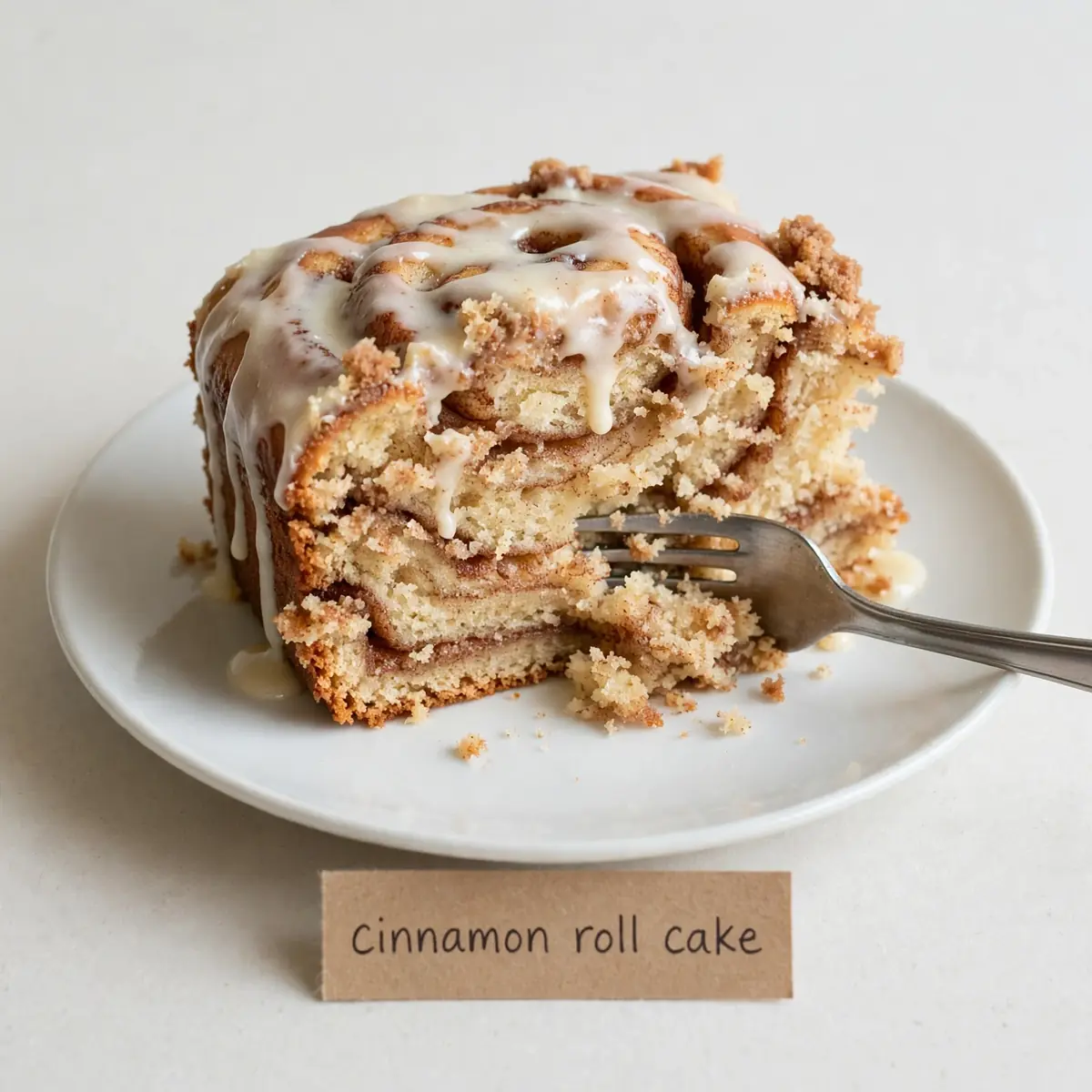 Cinnamon Roll Cake On A Plate With A Fork In It And The Title Reads, Cinnamon Roll Cake