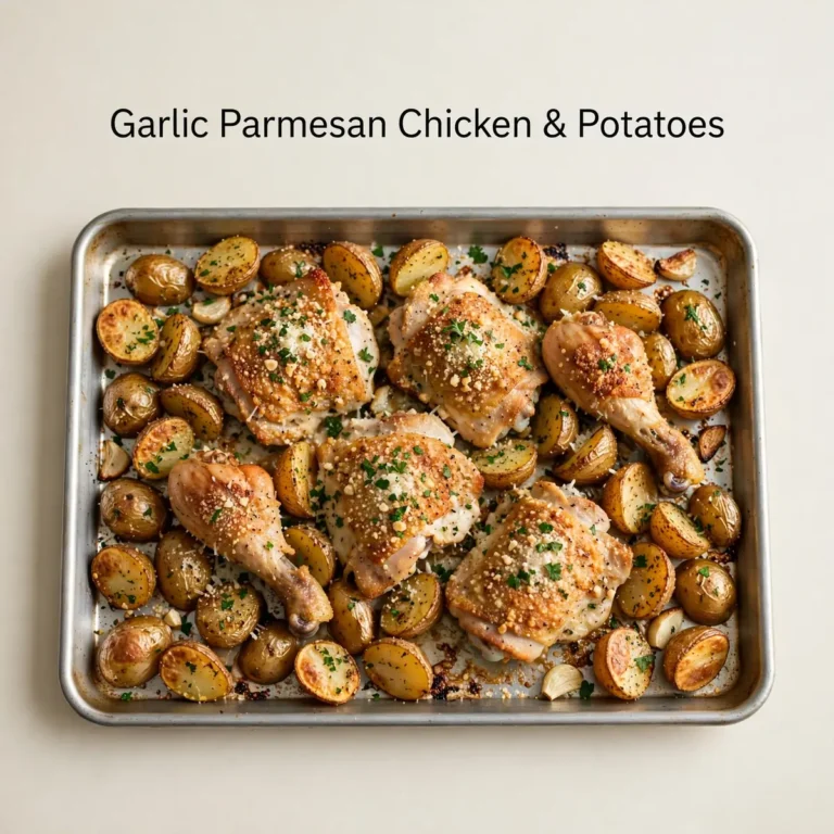 Garlic Parmesan Chicken And Potatoes On A Sheet Pan With The Title Above It