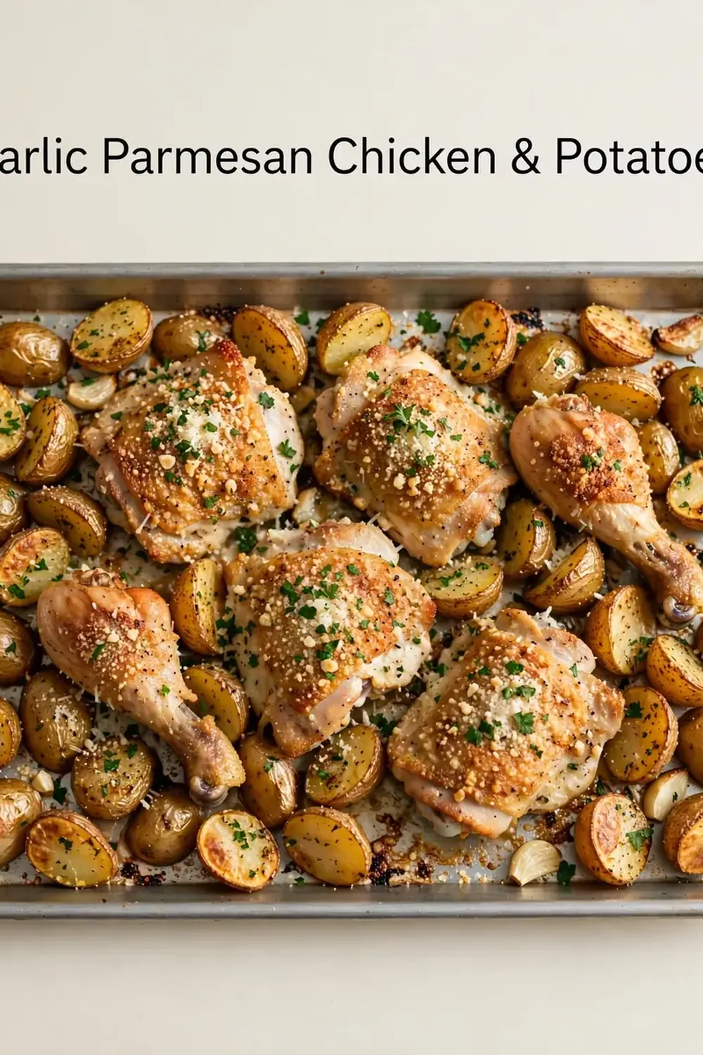 garlic parmesan chicken and potatoes on a sheet pan with the title above it