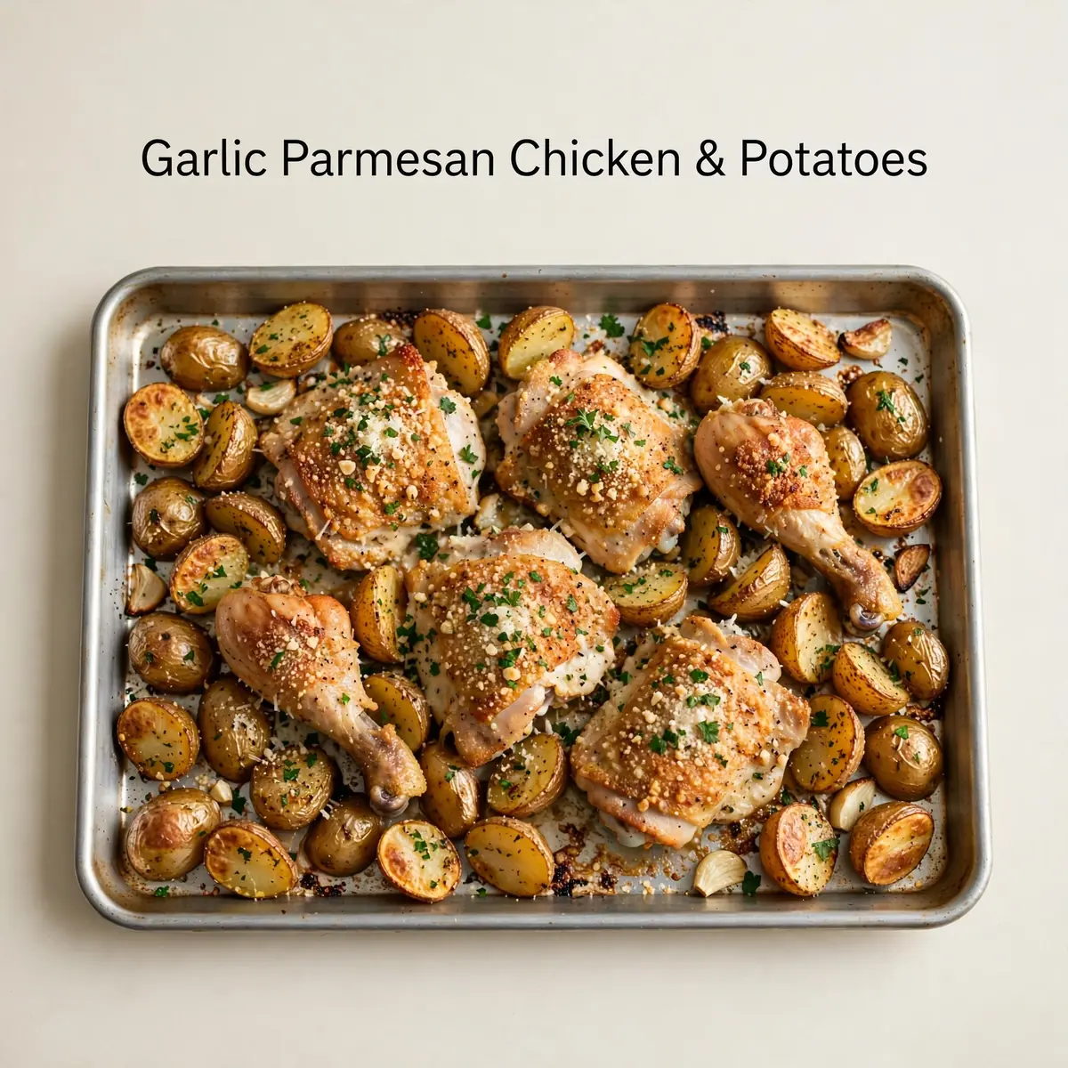 Garlic Parmesan Chicken And Potatoes On A Sheet Pan With The Title Above It