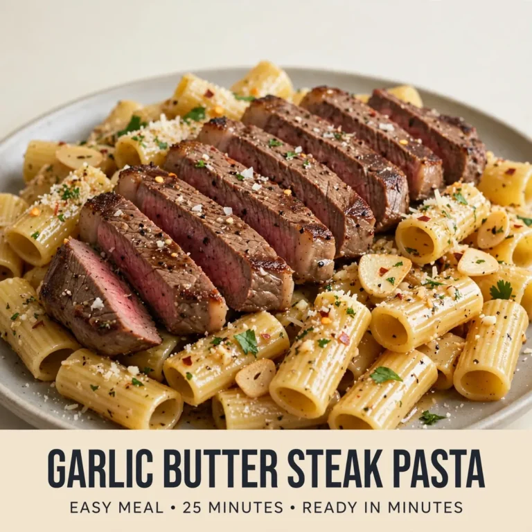 Pinterest Pin Image For Garlic Butter Steak Pasta Recipe Plated As An Easy Meal Or Snack With Bold Recipe-Cover Styling.