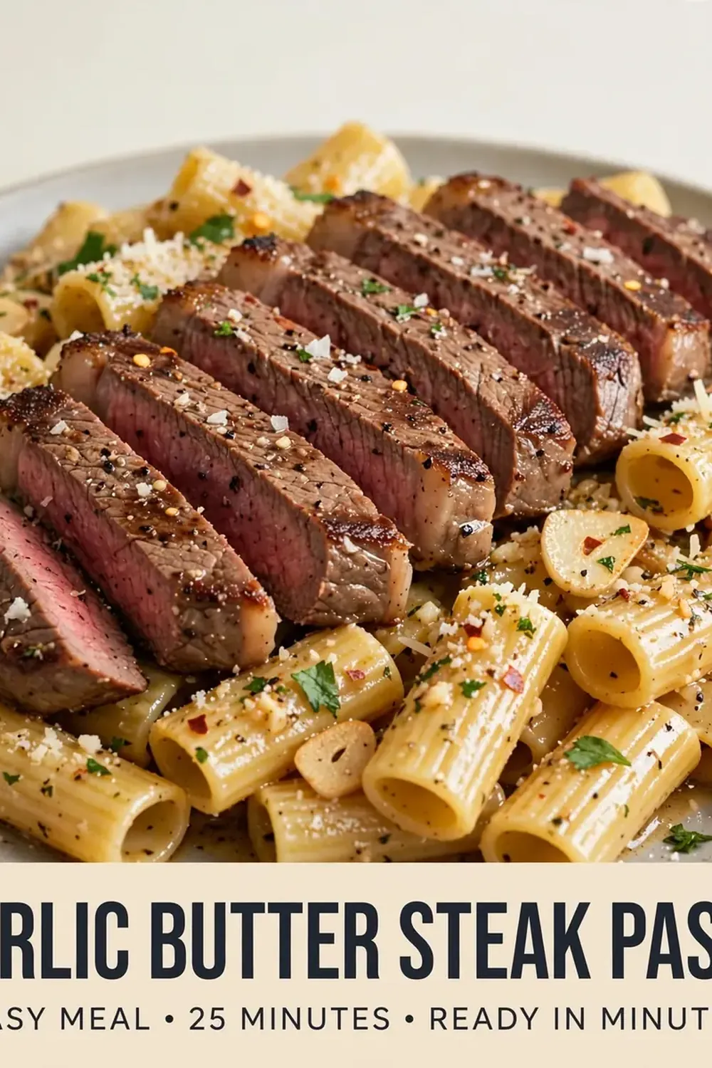 Pinterest pin image for Garlic Butter Steak Pasta Recipe plated as an easy meal or snack with bold recipe-cover styling.