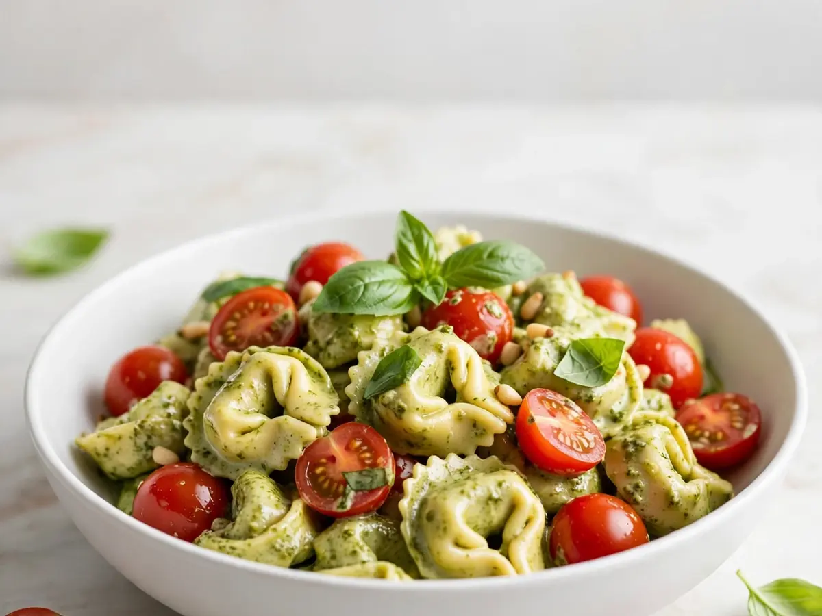 Creamy Pesto Tortellini Salad with Cherry Tomatoes