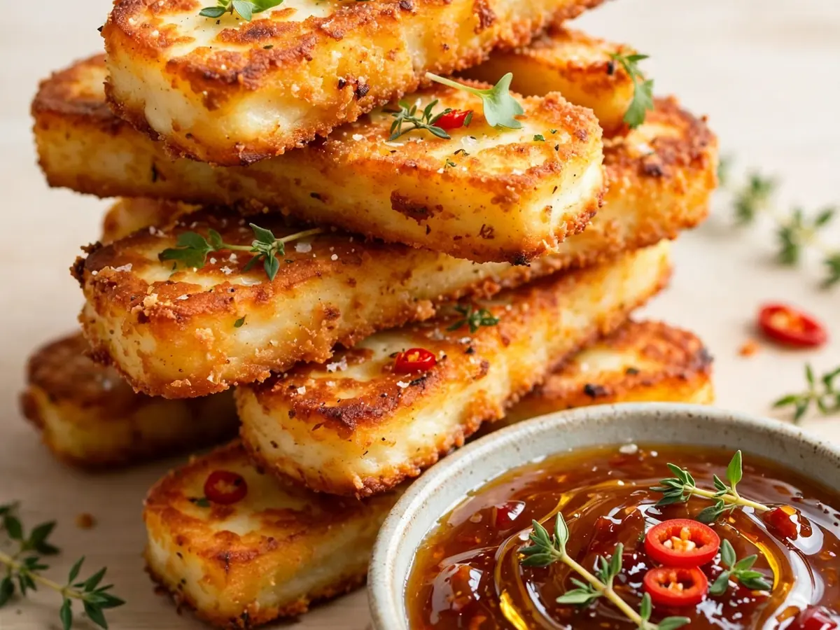 Crispy Baked Halloumi Fries with Honey Chili Dip
